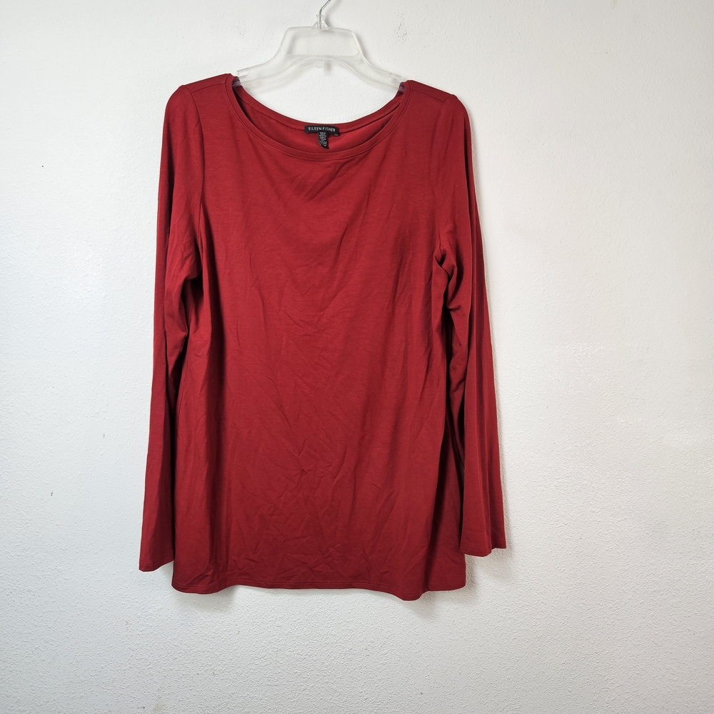 Eileen Fisher Long Sleeve Viscose Lycra Top Size Large Red Minimalist